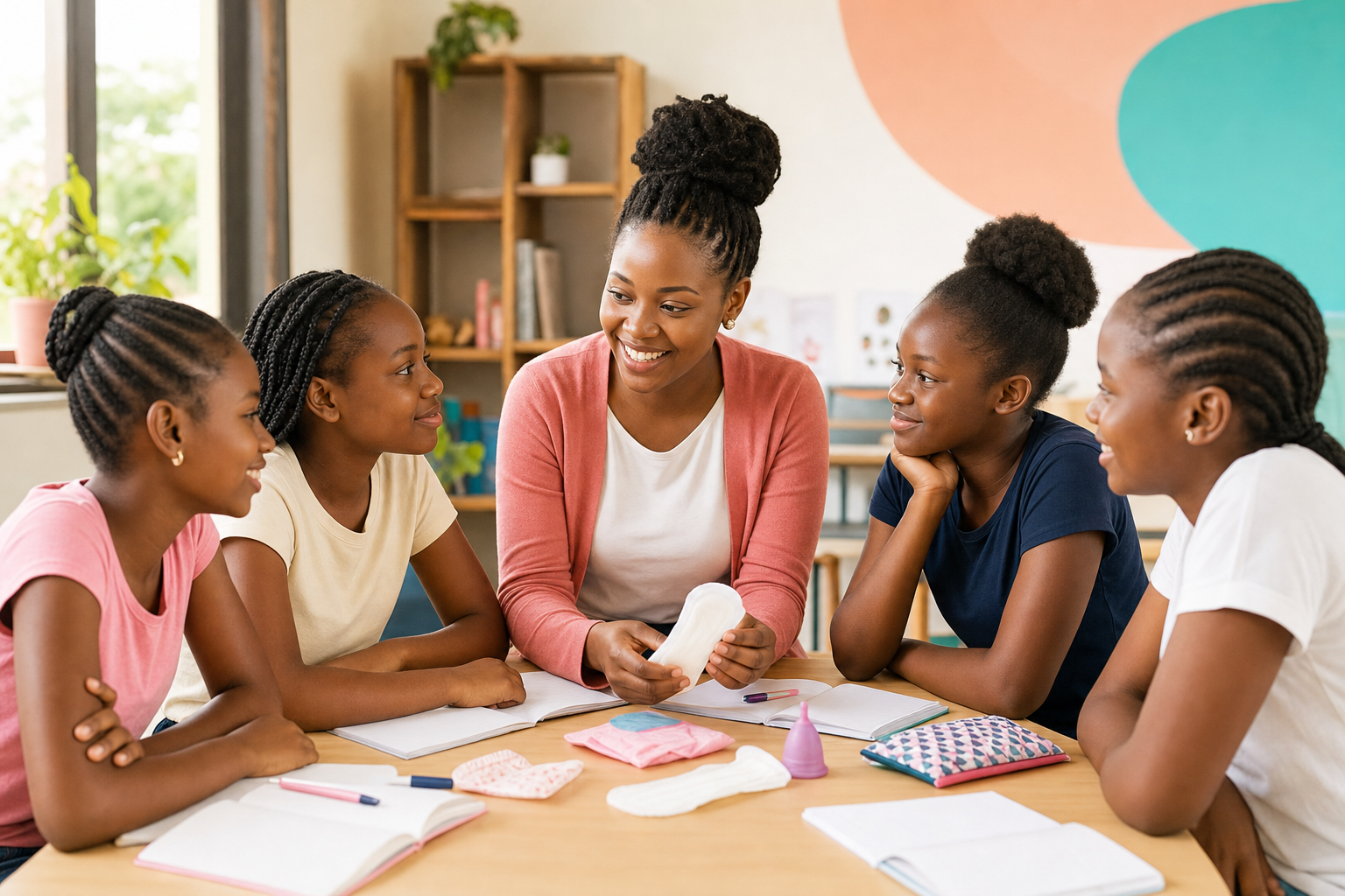 Girls learning about health and wellness with a female educator